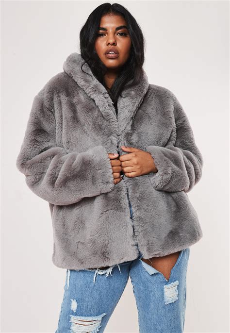plus size grey shawl collar faux fur coat missguided australia
