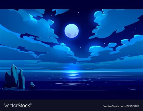 Full Moon Night Ocean Or Sea Landscape Starry Sky With Clouds And