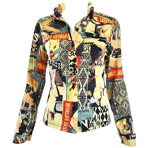 Amazing 1970s Novelty Print 50s Themed Long Sleeve Button Down Fitted Blouse For Sale At 1stdibs