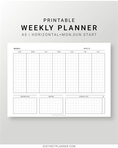 Undated Weekly Planner Printable A5 Horizontal Weekly Inserts