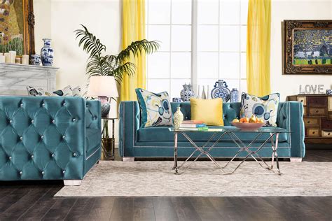 Salvatore Turquoise Sofa And Loveseat Fabric Living Room Sets