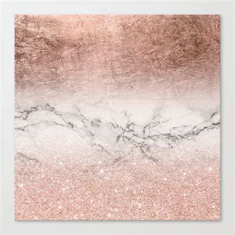 modern faux rose gold glitter and foil ombre gradient on white marble color block canvas print