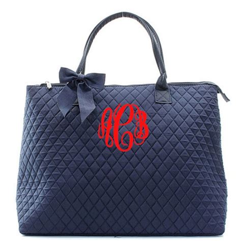 Monogram Quilted Navy Tote Bag Large Personalized Solid Navy Etsy