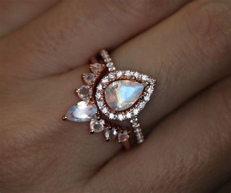 Teardrop Moonstone Bridal Ring Set Pear Natural Moonstone Etsy