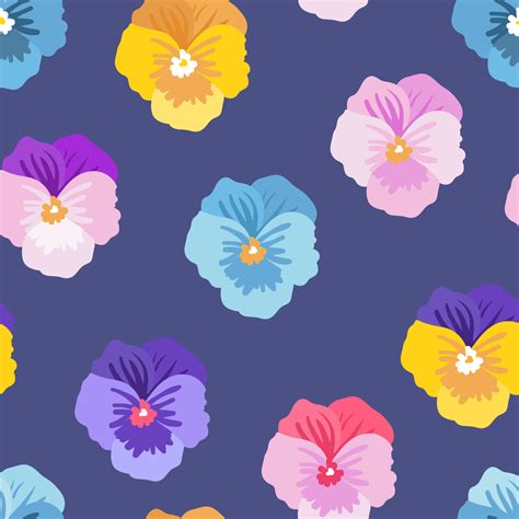 Colorful Pansy Flower Violet Viola Vector Seamless Pattern Blue