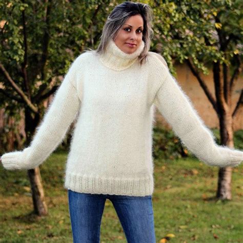 New White Color Hand Knit Mohair Turtleneck Sweater By Extravagantza