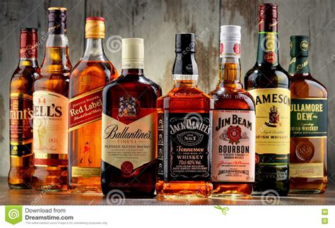 Bottles Of Several Whiskey Brands From Usa Ireland And
