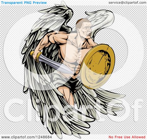 Clipart Of A Muscular Warrior Angel With A Sword And Shield Royalty