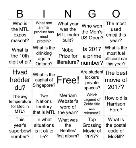 2017 Bingo Quiz Bingo Card