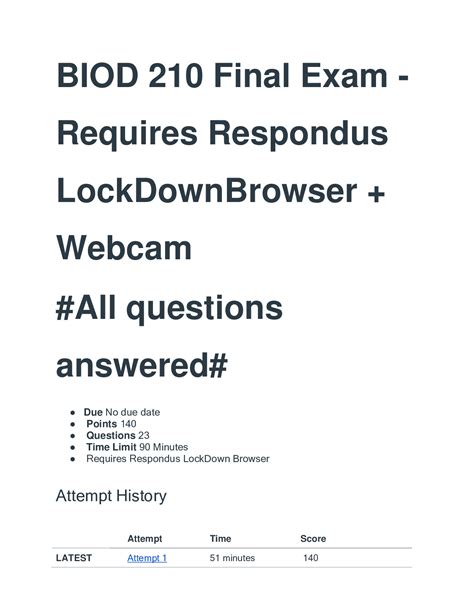 BIOD 210 Final Exam Requires Respondus LockDown Browser Webcam