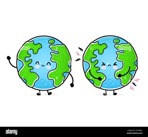 Cute Funny Happy And Sad Earth Planet Vector Hand Drawn Cartoon Kawaii