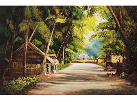 South Indian Village Landscape Oil On Canvas Exotic India Art