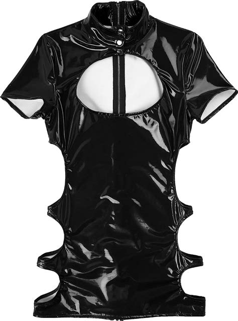 Black Latex Dress Women Shiny Wetlook Patent Leather Bare Breast Mini Dress Sexy Hollow Out