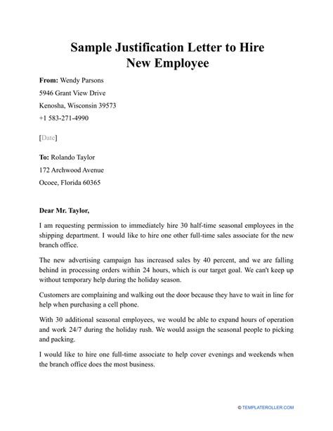 Sample Justification Letter To Hire New Employee Fill Out Sign