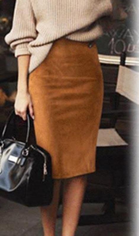 Love This Tan Suede Pencil Skirt With Cozy Beige Ribbed Sweater For