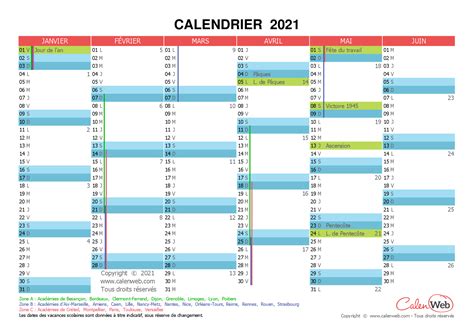 Calendrier Semestriel Année 2021 Avec Jours Fériés Et Vacances