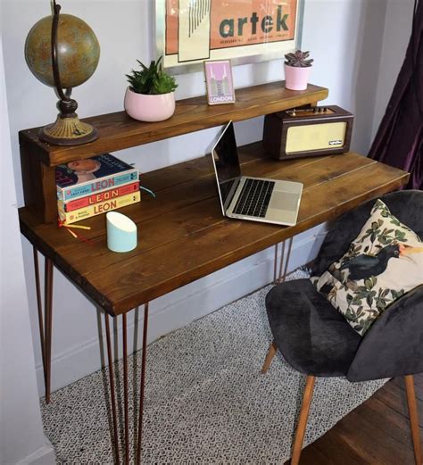 Wood Industrial Copper Hairpin Legs Desk With Shelf Mid Etsy