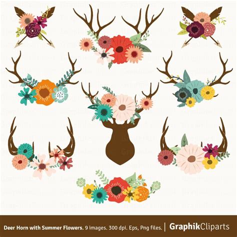 Deer Horn With Summer Flowers Floral Antlers Clip Art Rustic Wedding