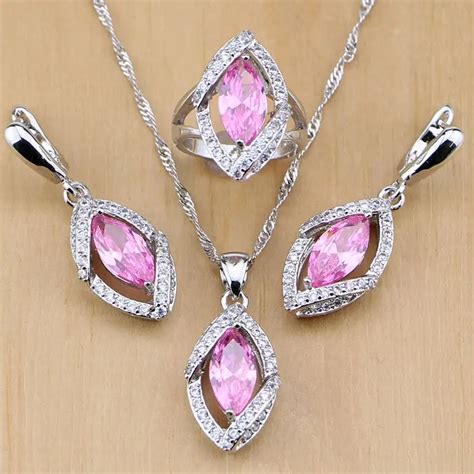 925 Sterling Silver Jewelry Sets Mystic Pink Zircon White Crystal For