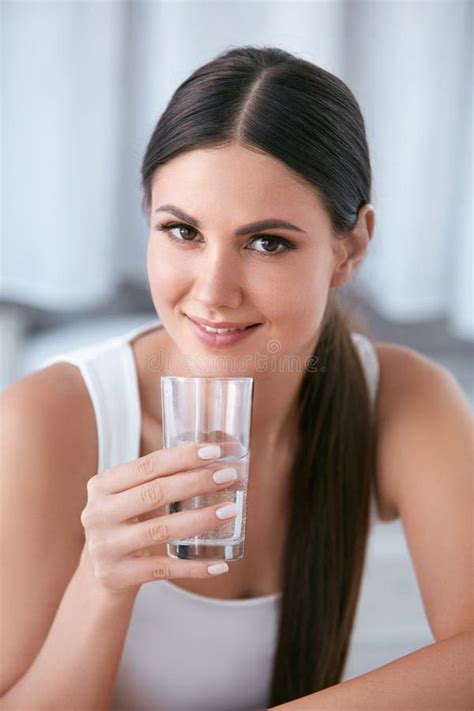 Happy Woman Drinking Water Beautiful Female With Glass Of Water Stock