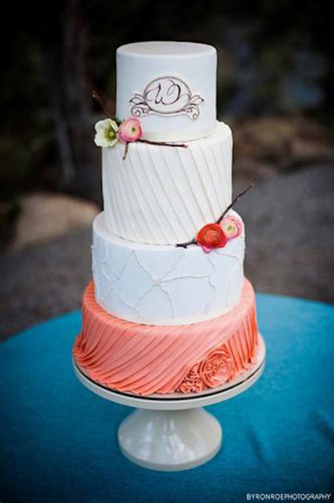 Vintage Coral And Ivory Wedding Cake With Pleats And Fresh