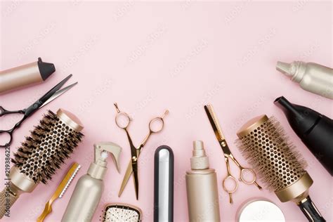 Various Hair Dresser Tools On Pink Background With Copy Space Stock
