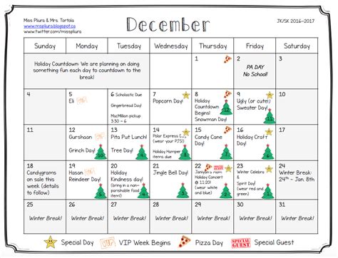 Miss Pliuras Kindergarten Class Announcements December Calendar
