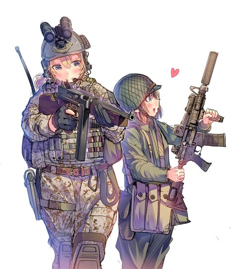 Safebooru 2girls America Ammunition Pouch Assault Rifle Daito Eotech Gun Heart Helmet Holding