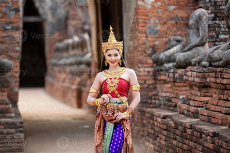 asia woman wearing traditional thai dress the costume of the national dress of ancient thailand