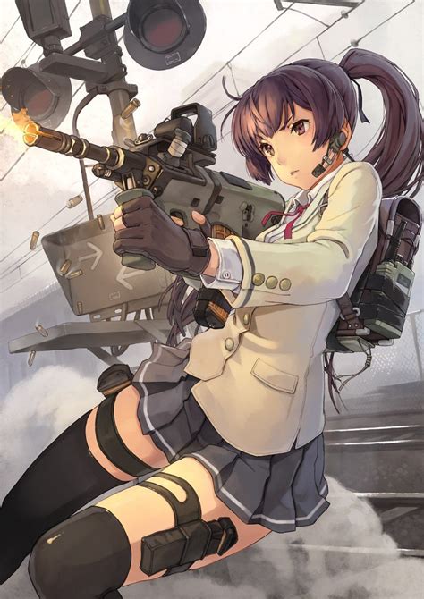 safebooru 1girl artist request assault rifle backpack bag black legwear blazer brown eyes