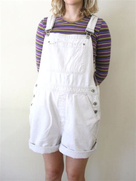 90s White Overalls Dungarees Overall Shorts By Downhousevintage