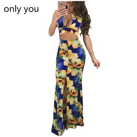 Only You Print Dress Sexy Summer Ladies Daring Cutout Crop Top Blue Floral Backless Bodycon Maxi