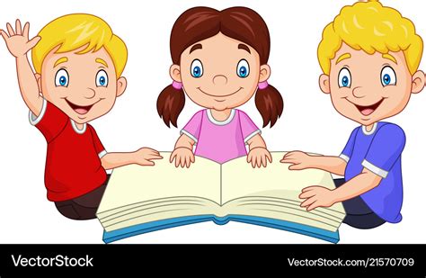 Cartoon Happy Kids Reading A Book Royalty Free Vector Image