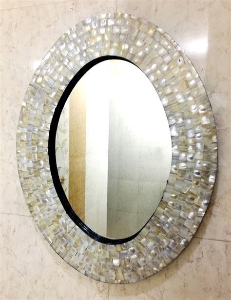 Decorative Beveled Oval Wall Mirror With White Mother Of Pearl Inlay