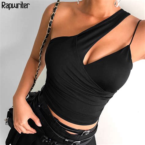 Rapwriter Irregular Halter Black Tank Top Women 2020 Sexy Backless Cropped Top Ruched Party Club