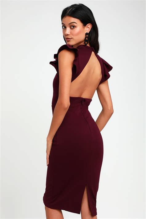 Chic Burgundy Dress Backless Dress Midi Dress Bodycon Dress Lulus