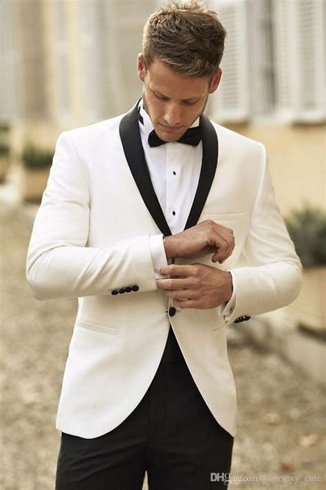 2015 Classic Groom Tuxedos White Jacket And Black Pants Two Button Shawl Lapel Custom Made Men