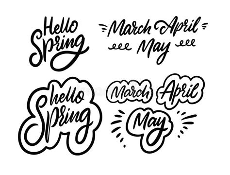 Hello Spring And Names Months Black Color Calligraphy Signs Vector