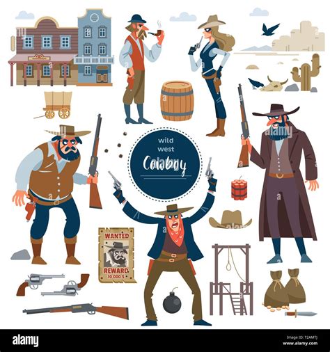 Cowboy Wild West Set Flat Isolated Vector Illustration Stock Vector