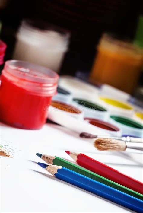 Colored Pencils And Paints Drawing Tools Selective Focus Stock Photo