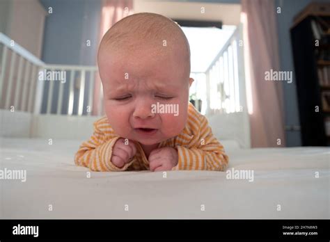 Portrait Of Crying Baby Girl Lying Alone On Bed Stock Photo Alamy