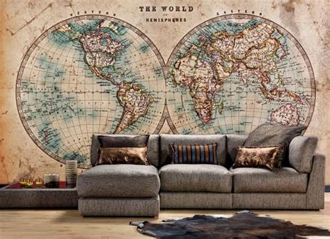 Vintage World Map Wall Mural The World In Hemispheres Etsy