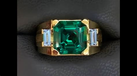 18k Mens Ring With 11x11mm Chatham Created Asscher Cut Emerald And