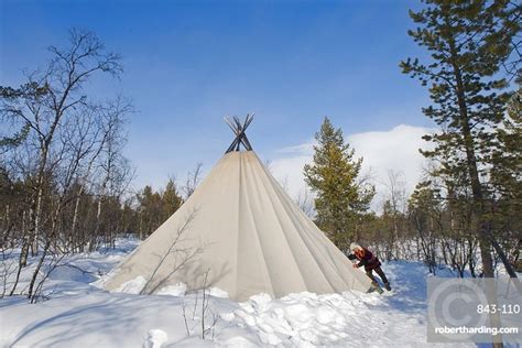 Sami Man Closes The Flap On His Lavvu Tent At His Homestead Kiruna