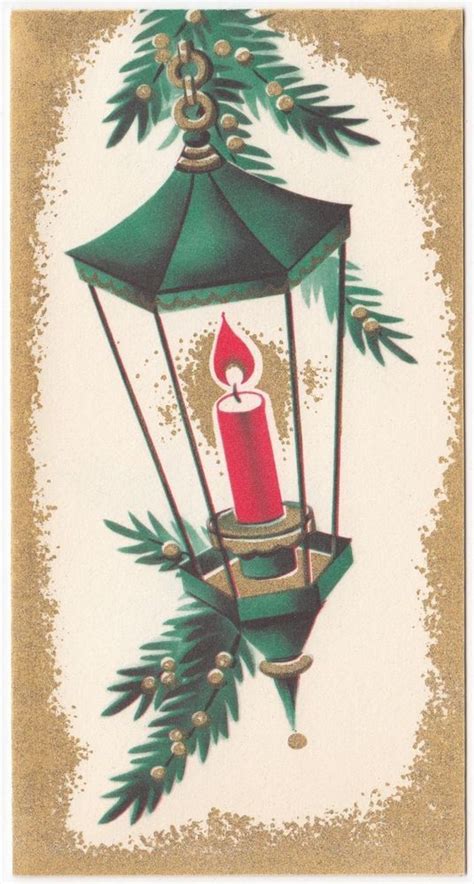 Vintage Greeting Card Christmas Candle Lantern Mid Century Christmas