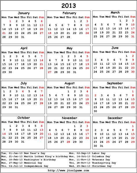 6 Best Images Of Free Printable 2013 Calendar With Holidays 2013