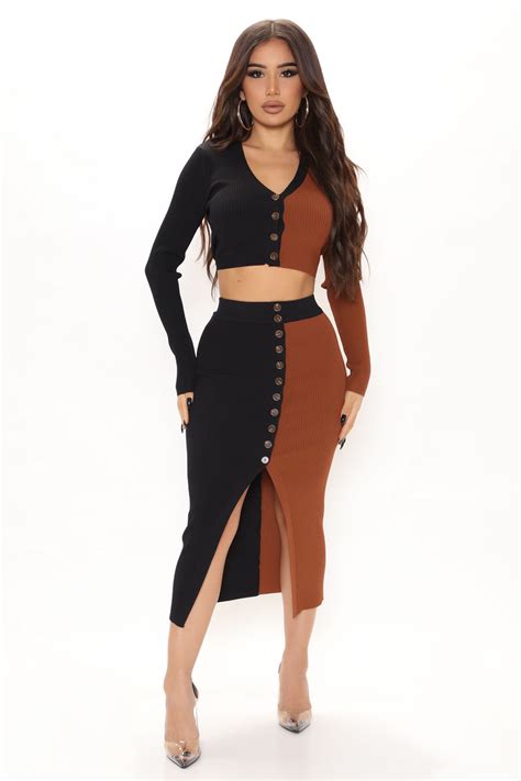 Eliana Colorblock Skirt Set Browncombo Fashion Nova Matching Sets