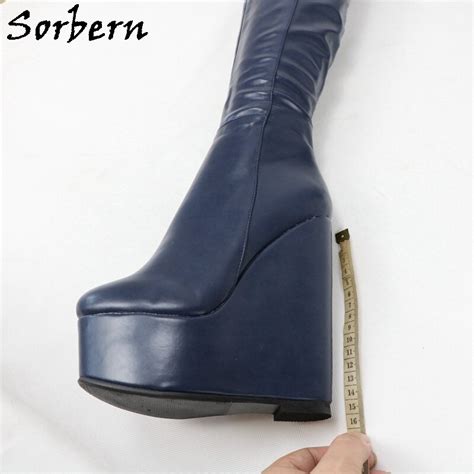 Sorbern Navy Blue Crotch Thigh Boots Women Wedges High Heel Platform