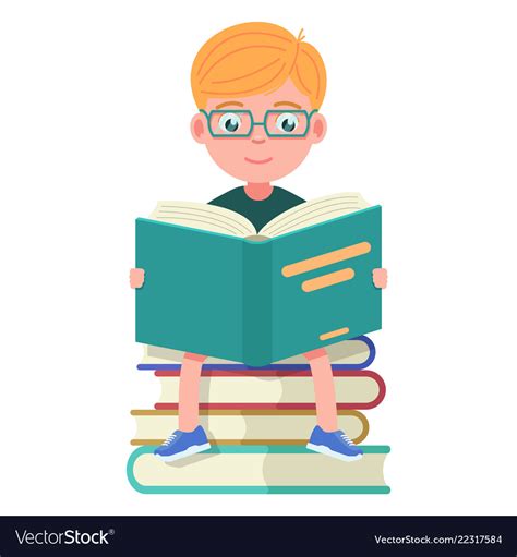 Boy With Glasses Sitting And Reading Books Vector Image