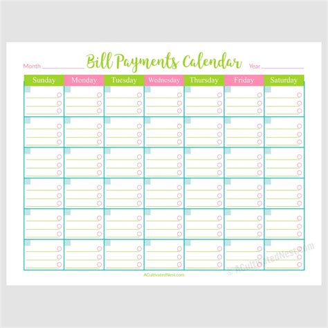 Free Printable Bill Payment Calendar
